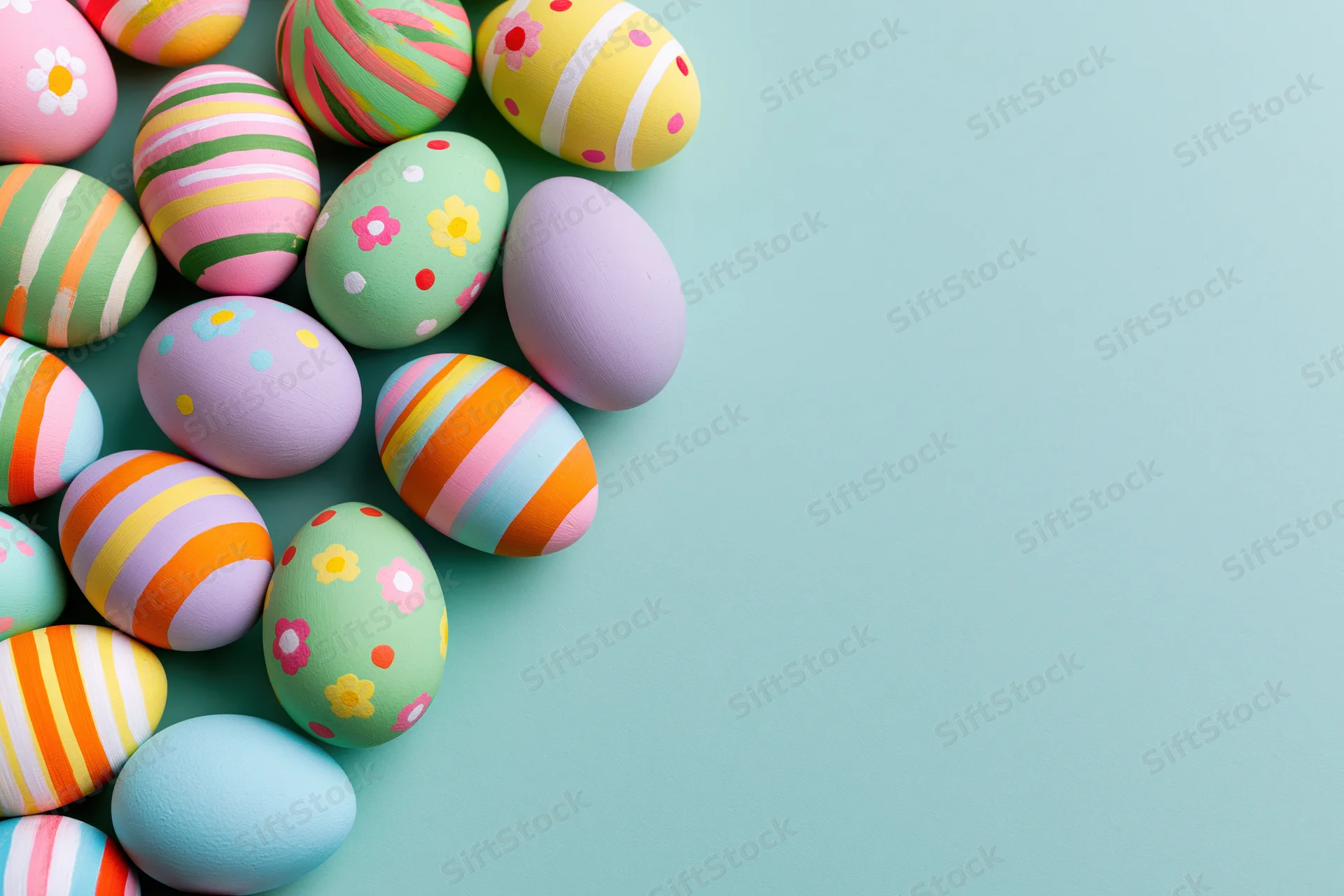 Colorful hand-painted easter eggs arranged in a loose cluster on a pastel blue background with copyspace