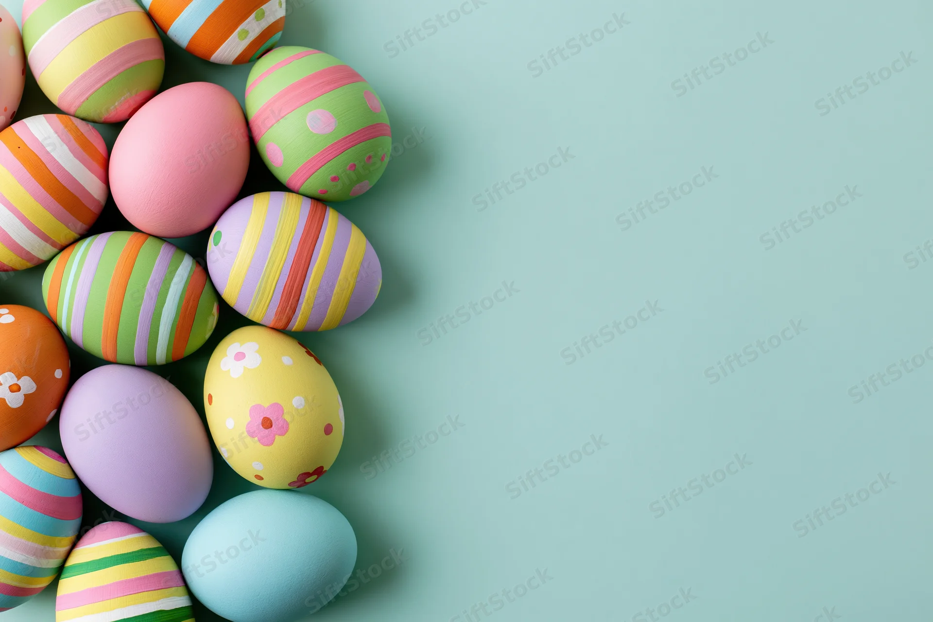 Colorful hand-painted easter eggs arranged in a loose cluster on a teal background with copyspace