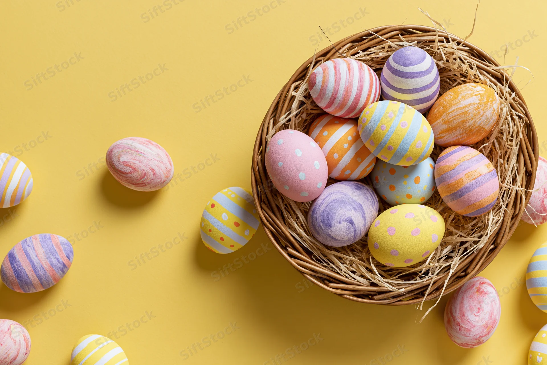 Colorful hand-painted easter eggs arranged in a wicker basket with straw on yellow background