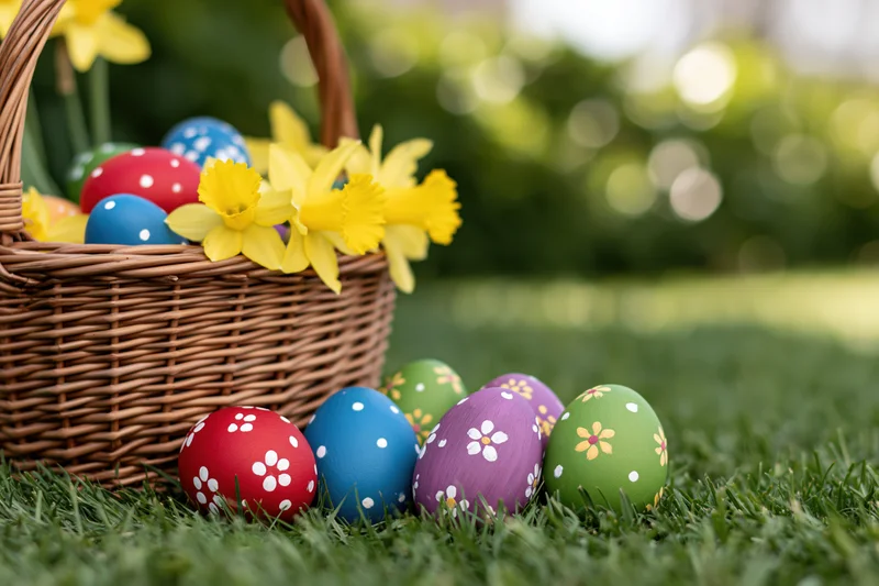 Hand-painted easter eggs arranged on green grass beside a wicker basket with daffodils