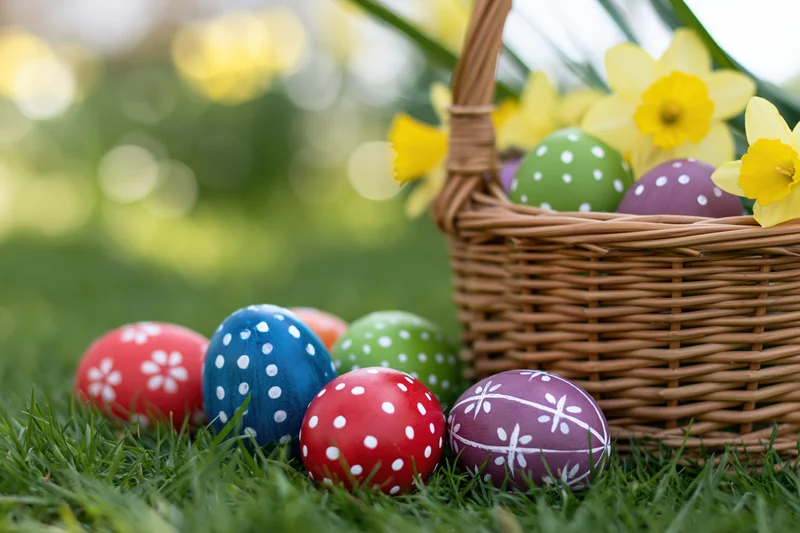Hand-painted easter eggs arranged on green grass beside a wicker basket with daffodils