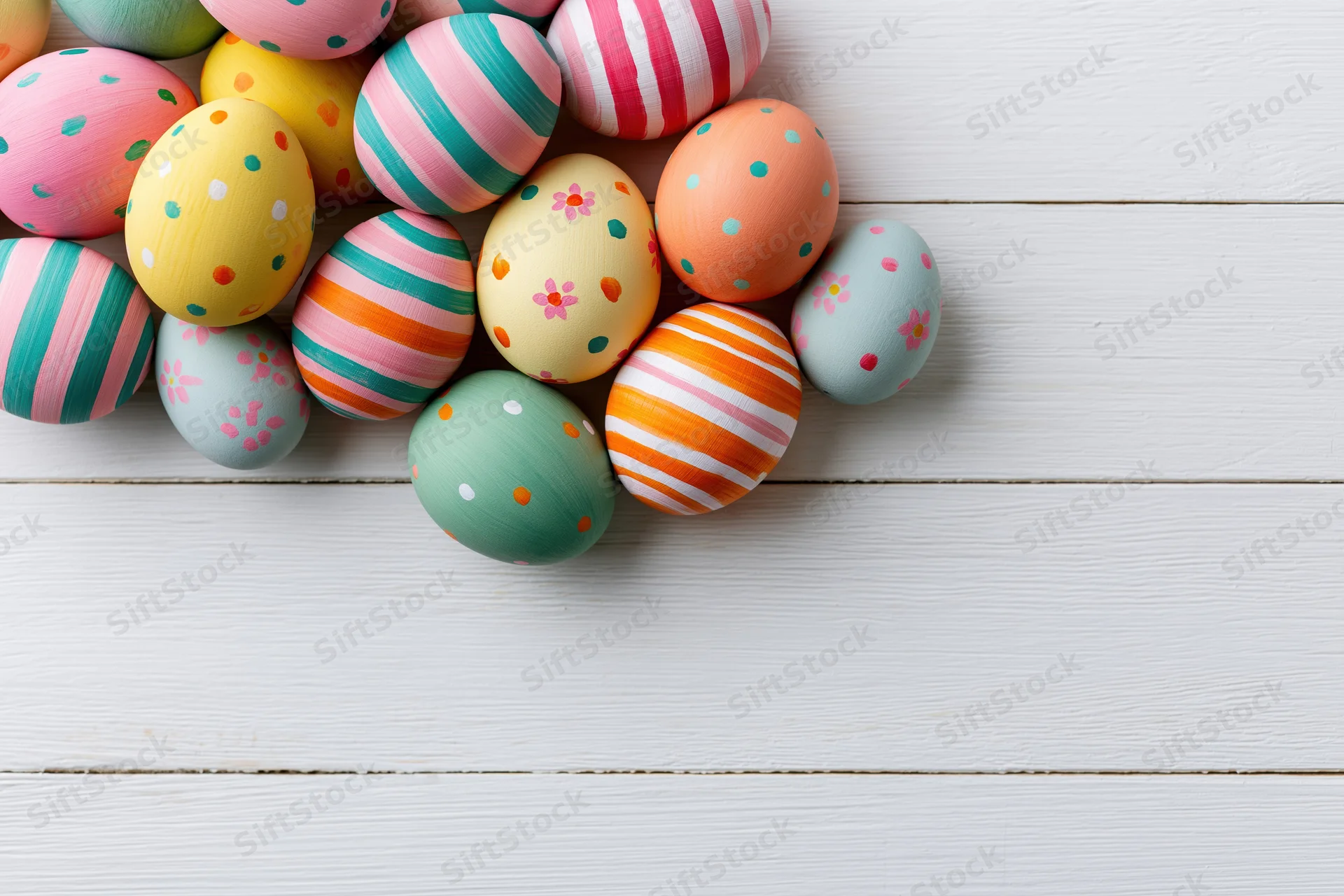 Colorful hand-painted easter eggs clustered along the left edge of a white wooden surface