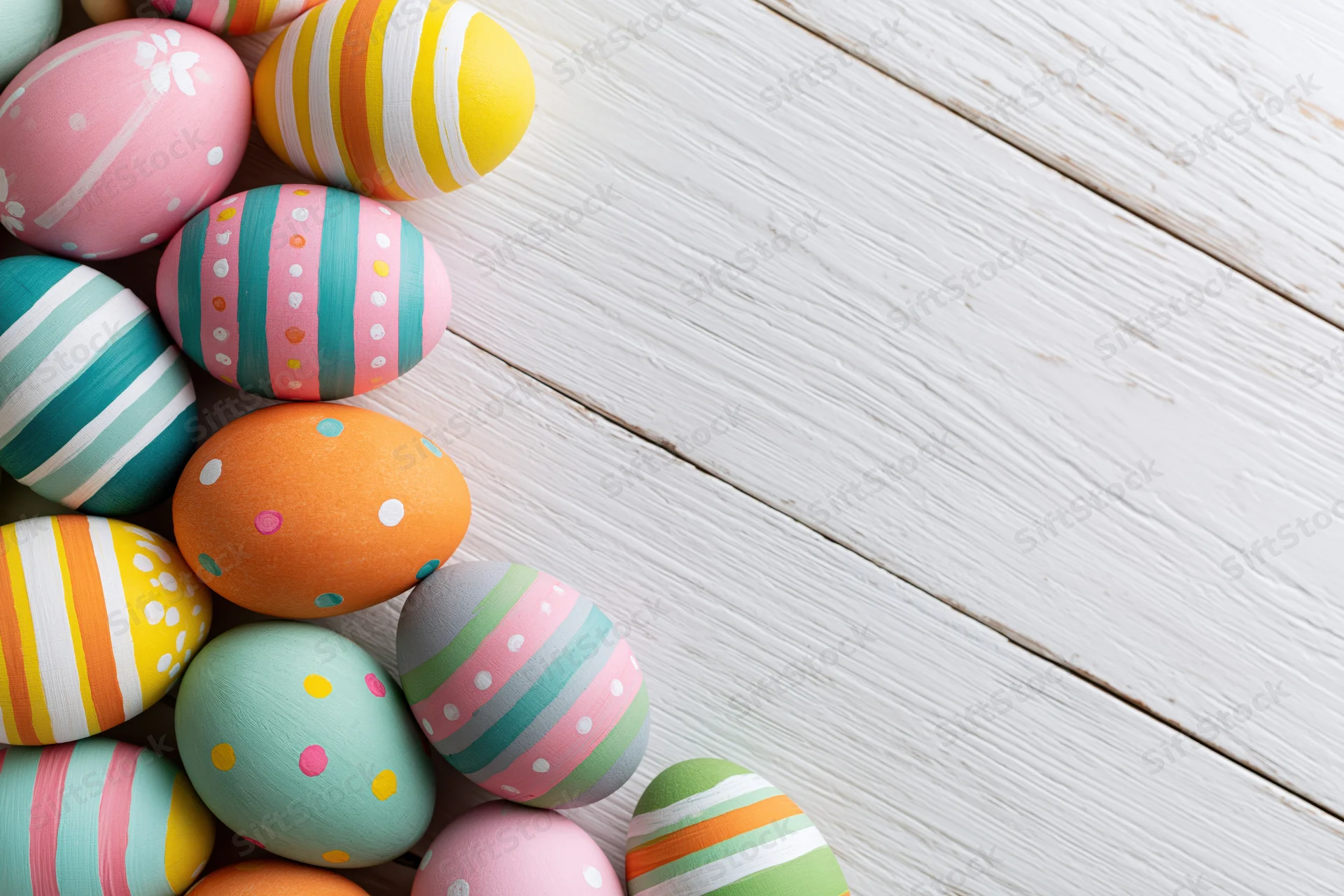 Colorful hand-painted easter eggs clustered along the left edge of a white wooden surface with copyspace