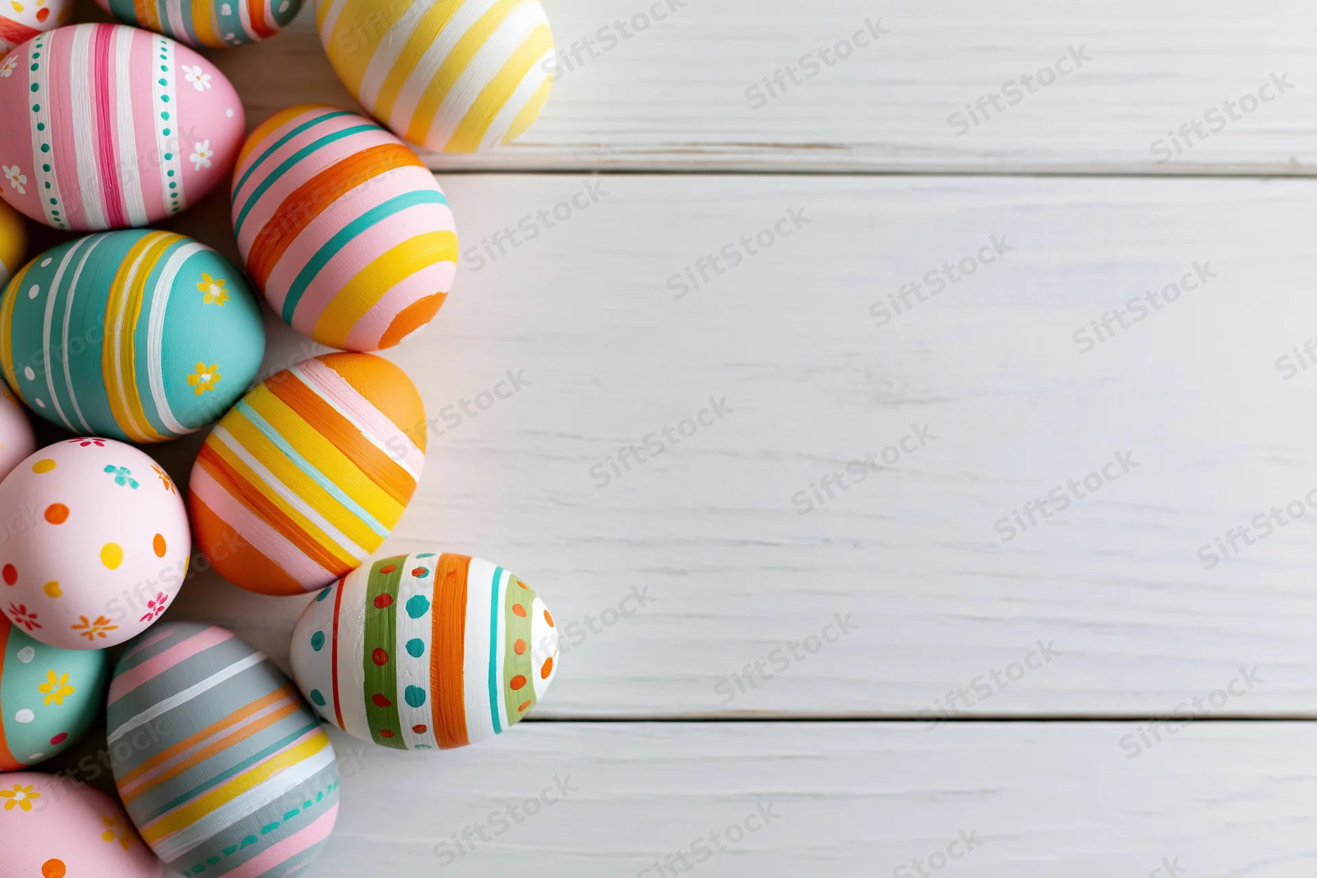 Colorful hand-painted easter eggs clustered along the left edge of a white wooden surface