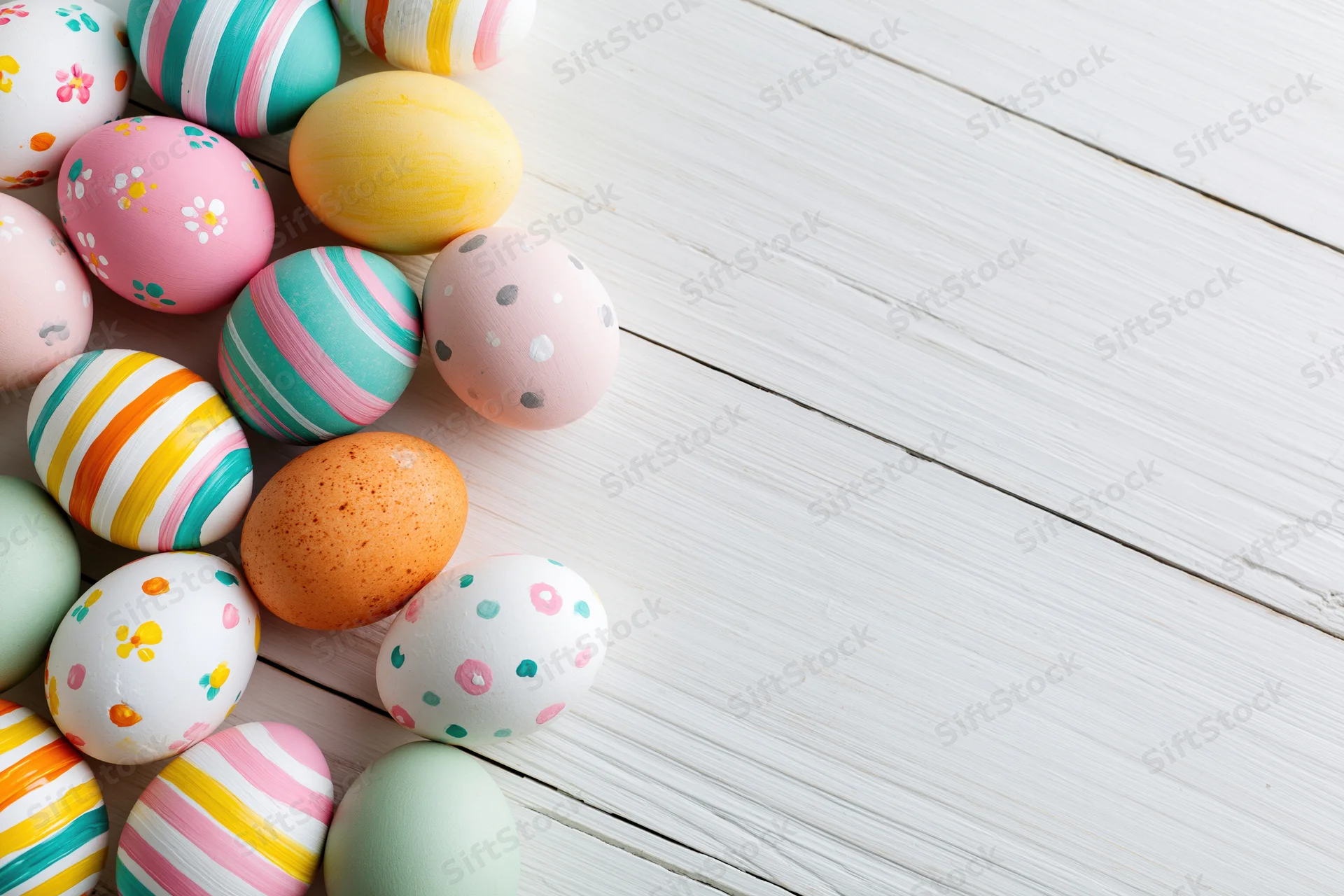 Colorful hand-painted easter eggs clustered along the left edge of a white wooden table with copyspace on the right