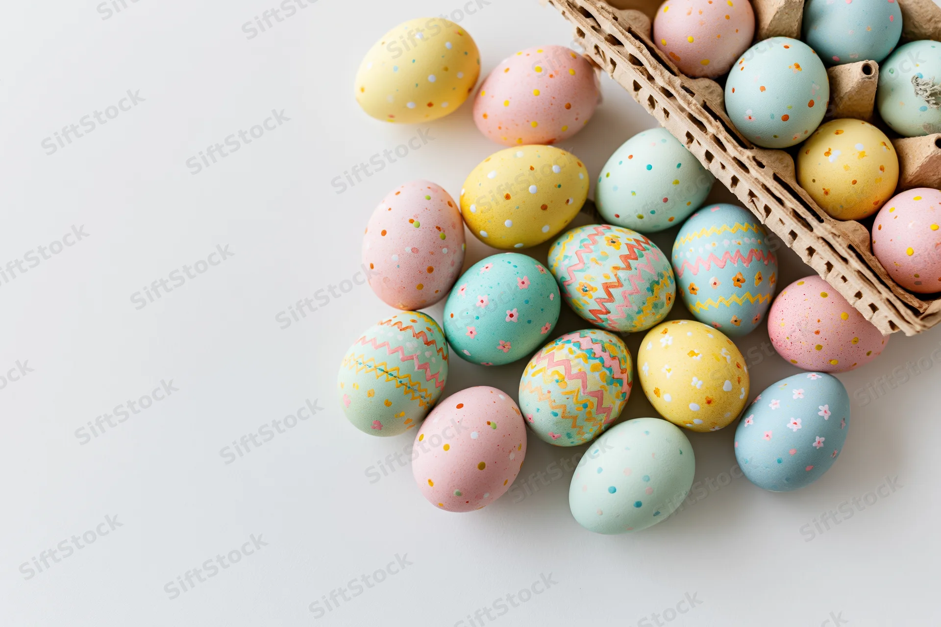 Hand-painted easter eggs scattered on white surface with paper carton basket