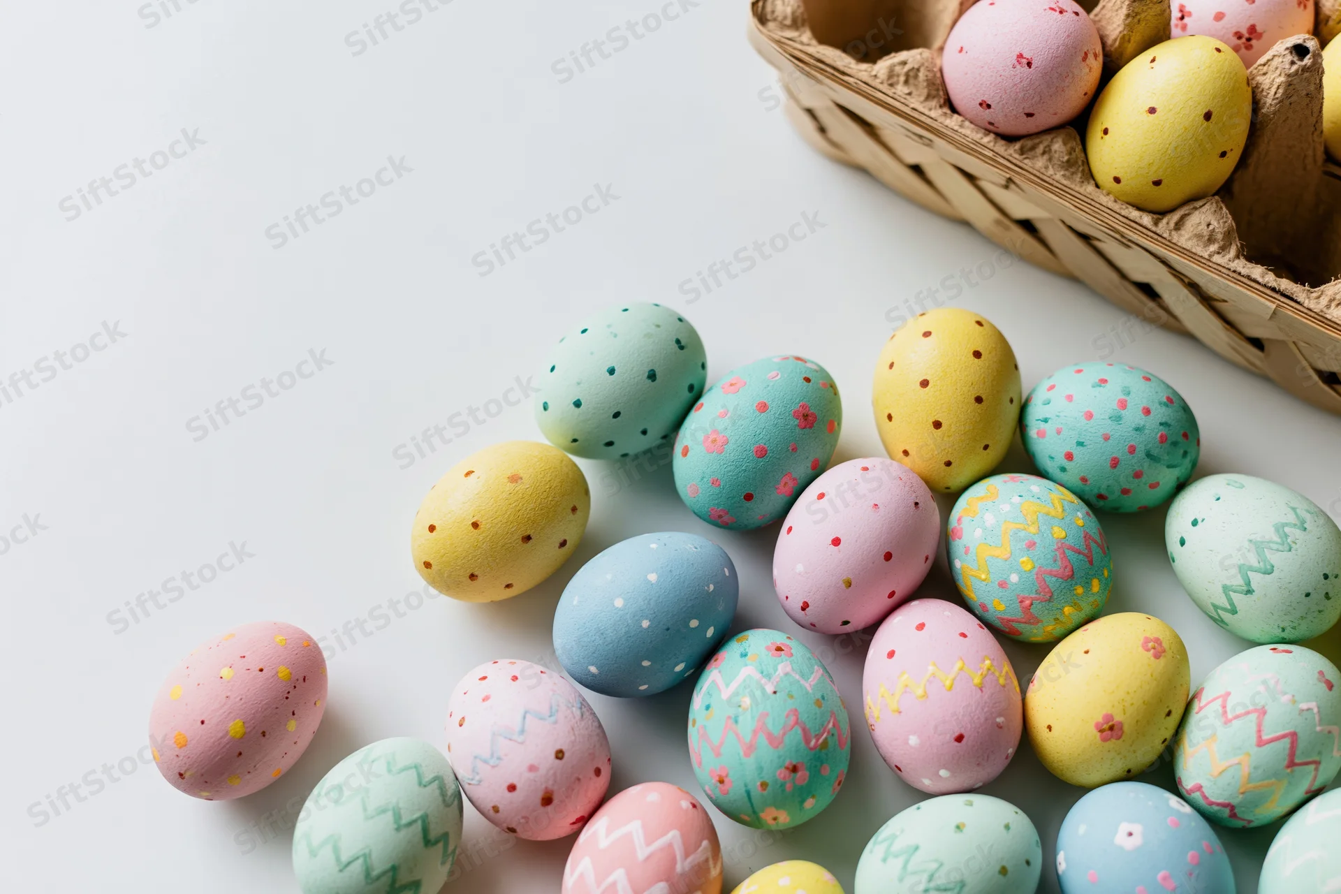 Hand-painted easter eggs scattered loosely on a white surface with a cardboard egg carton in the corner