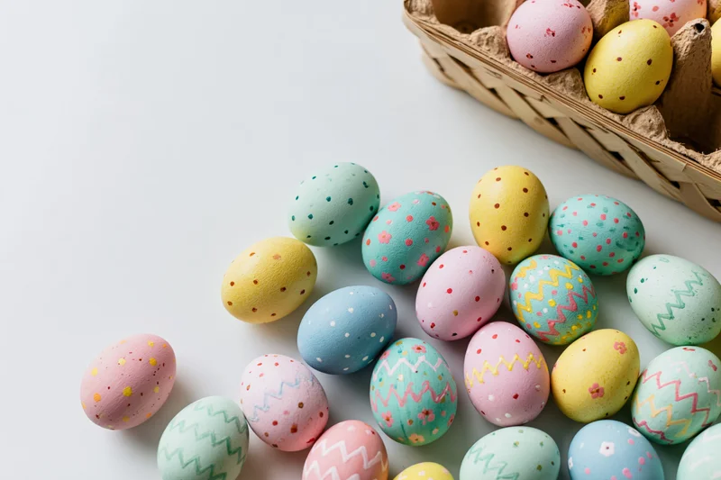 Hand-painted easter eggs scattered loosely on a white surface with a cardboard egg carton in the corner