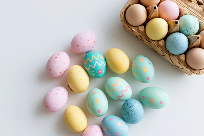 Hand-painted easter eggs scattered on white surface with some in a cardboard carton