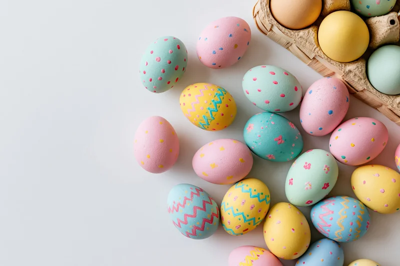Hand-painted easter eggs scattered on a white surface with a wicker basket in the corner