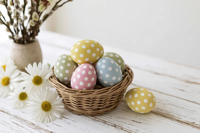 Hand-painted easter eggs with white polka dots arranged in a wicker basket on a wooden table with daisies and willow branches nearby