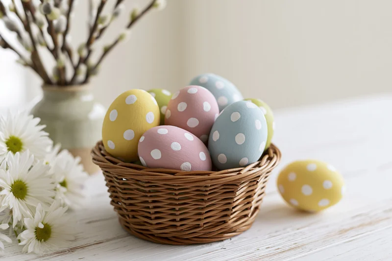 Hand-painted easter eggs with white polka dots arranged in a wicker basket on a wooden table with flowers nearby