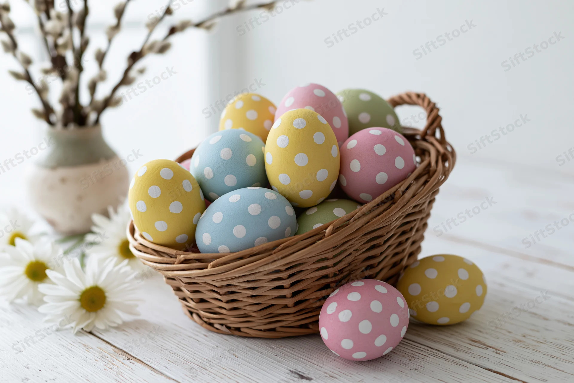 Hand-painted easter eggs with white polka dots arranged in a wicker basket on a wooden table with daisies and willow branches nearby