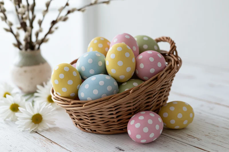 Hand-painted easter eggs with white polka dots arranged in a wicker basket on a wooden table with daisies and willow branches nearby