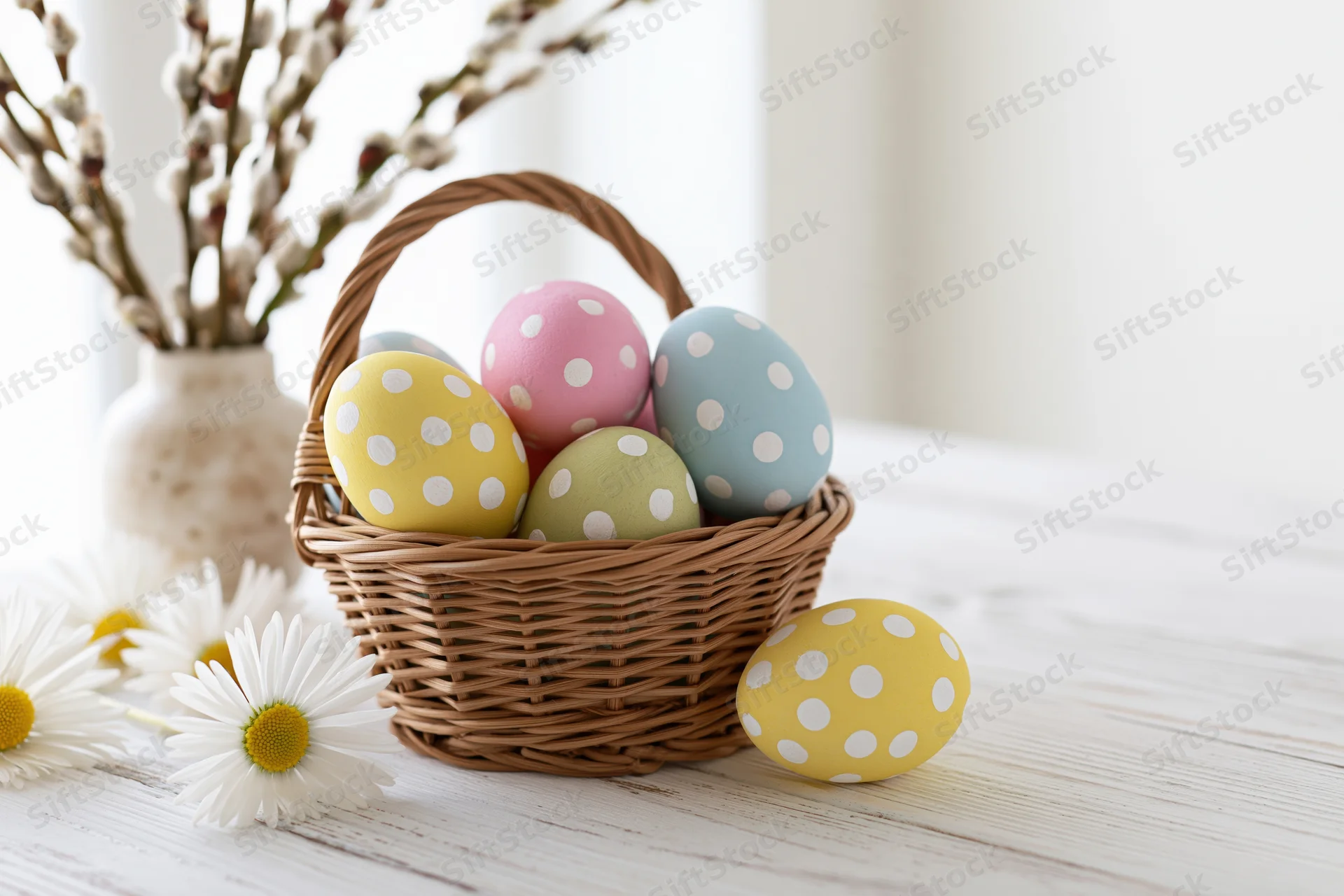 Colorful hand-painted easter eggs with white polka dots arranged in a wicker basket on a wooden table with daisies and willow branches nearby