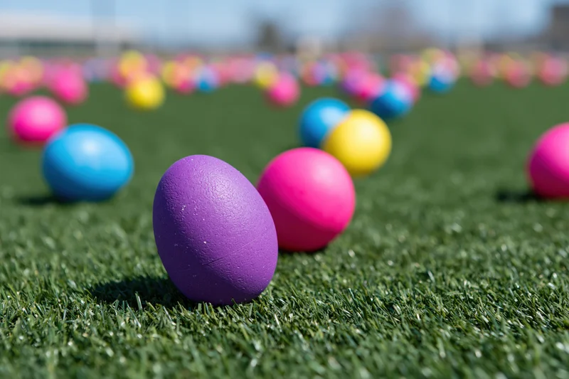 Colorful plastic easter eggs scattered across a green grassy lawn
