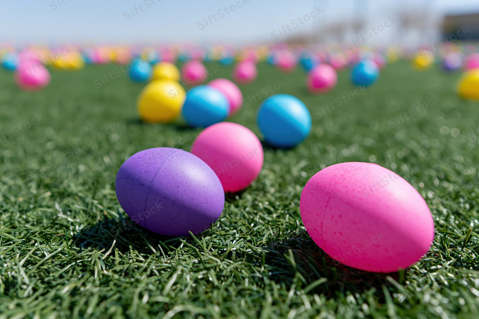 Colorful plastic easter eggs scattered across a green lawn outdoors