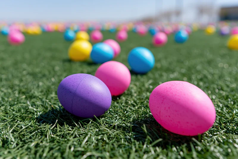 Colorful plastic easter eggs scattered across a green lawn outdoors