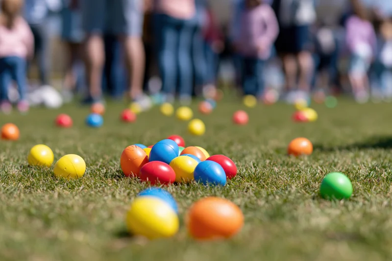 Colorful plastic easter eggs scattered across a grass lawn with blurred people in the background