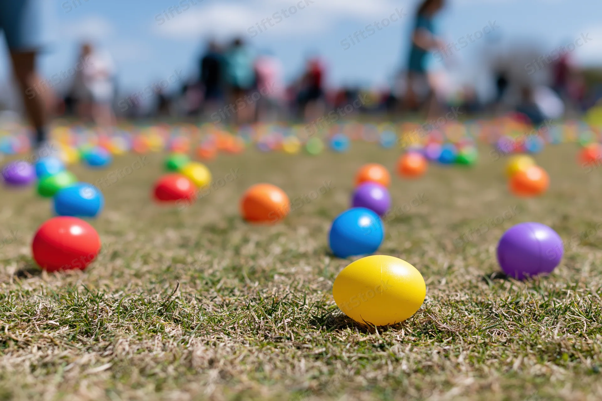 Colorful plastic easter eggs scattered across a mowed grass lawn outdoors