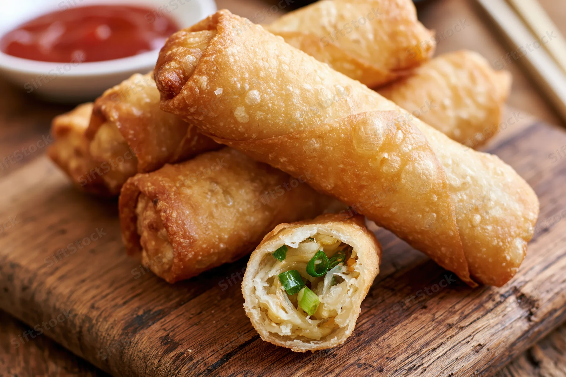 Crispy golden fried egg rolls stacked on a worn wooden cutting board with dipping sauce and chopsticks nearby