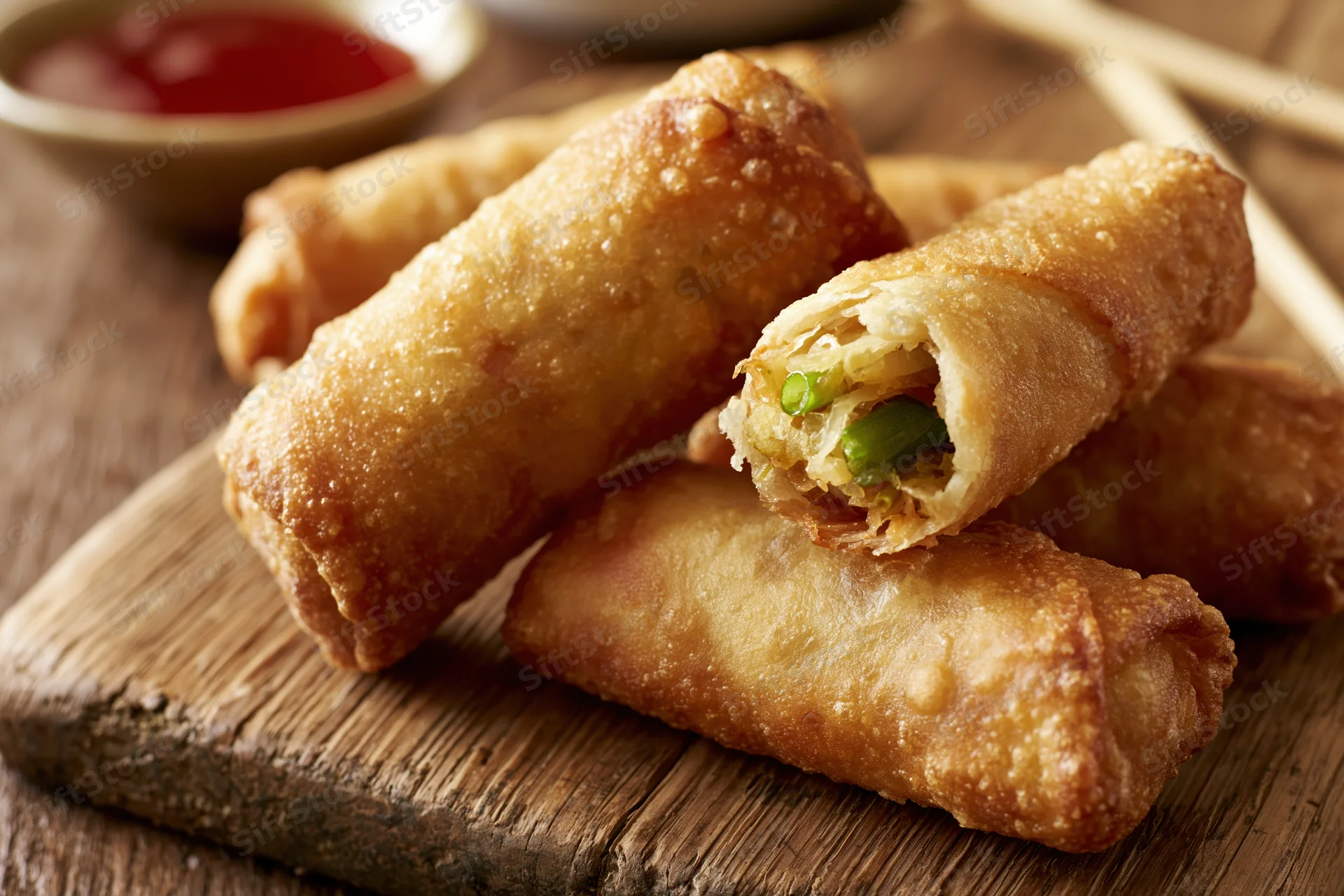 Crispy golden fried egg rolls stacked on a worn wooden cutting board with dipping sauce and chopsticks nearby