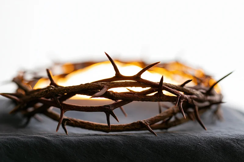Crown of thorns resting on dark cloth surface in close-up view with glowing light behind