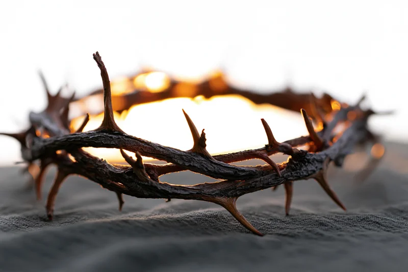 Crown of thorns resting on dark cloth surface in close-up view with warm backlighting