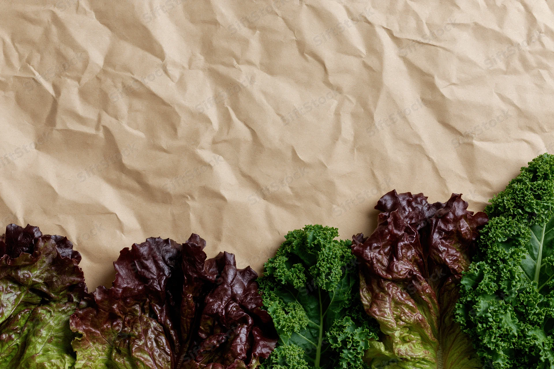 Fresh leafy vegetables arranged along the bottom edge of crumpled kraft paper background
