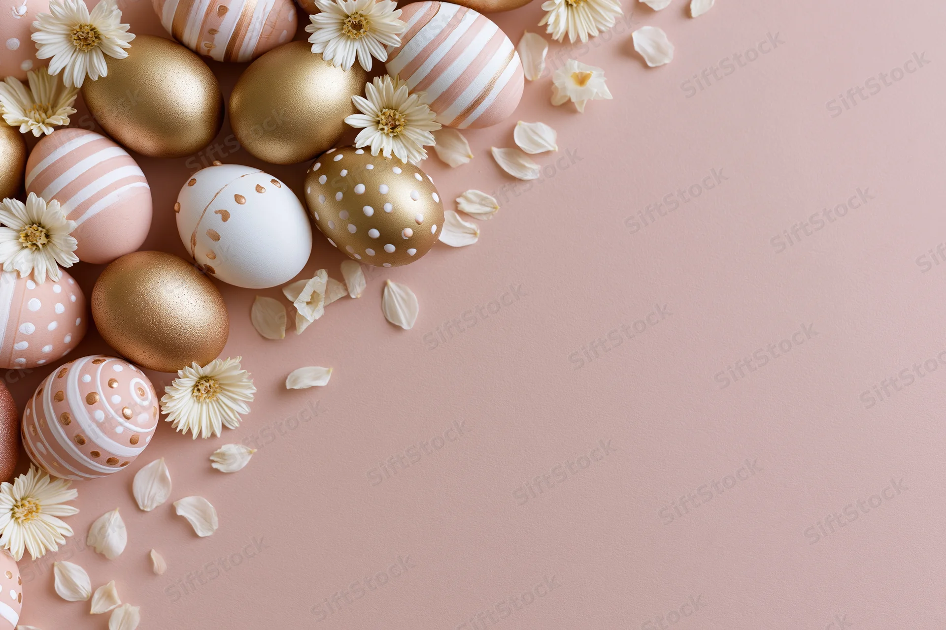 Decorated easter eggs and small white daisies arranged in a flat lay on a pink surface with copyspace