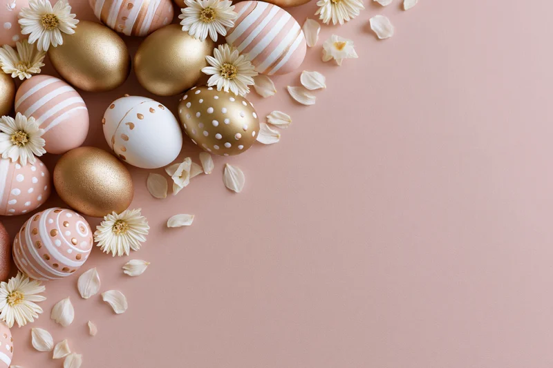 Decorated easter eggs and small white daisies arranged in a flat lay on a pink surface with copyspace
