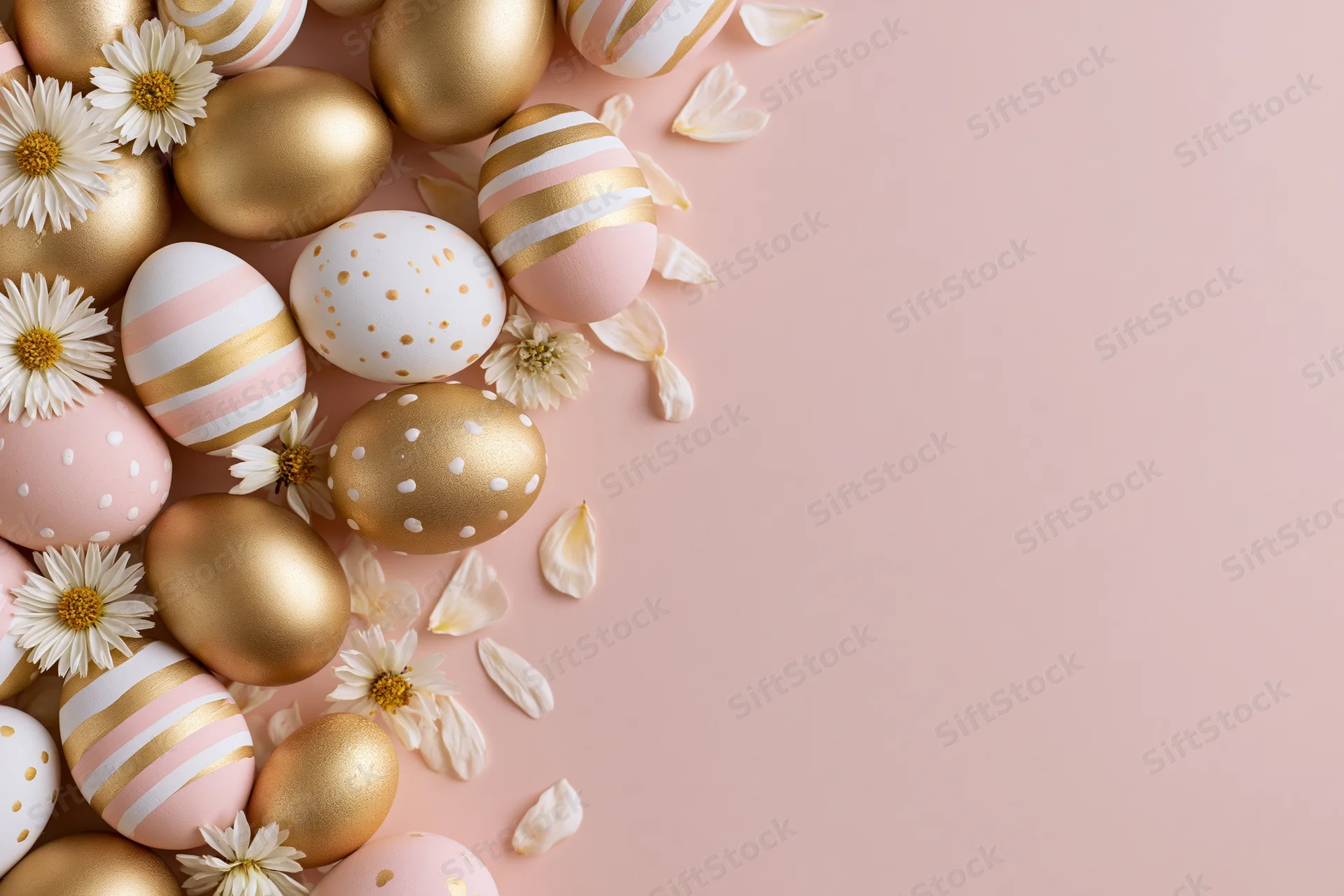 Decorated easter eggs and small white daisies arranged in a flat lay on a pink surface with copyspace