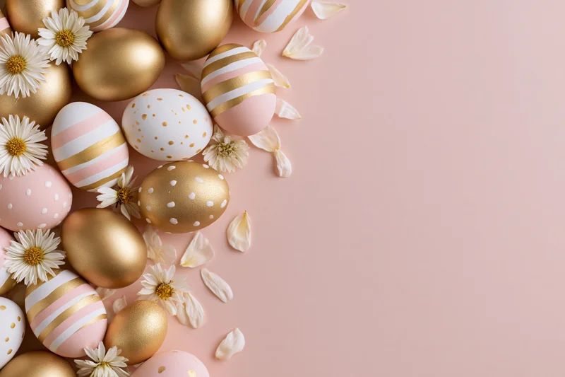 Decorated easter eggs and small white daisies arranged in a flat lay on a pink surface with copyspace