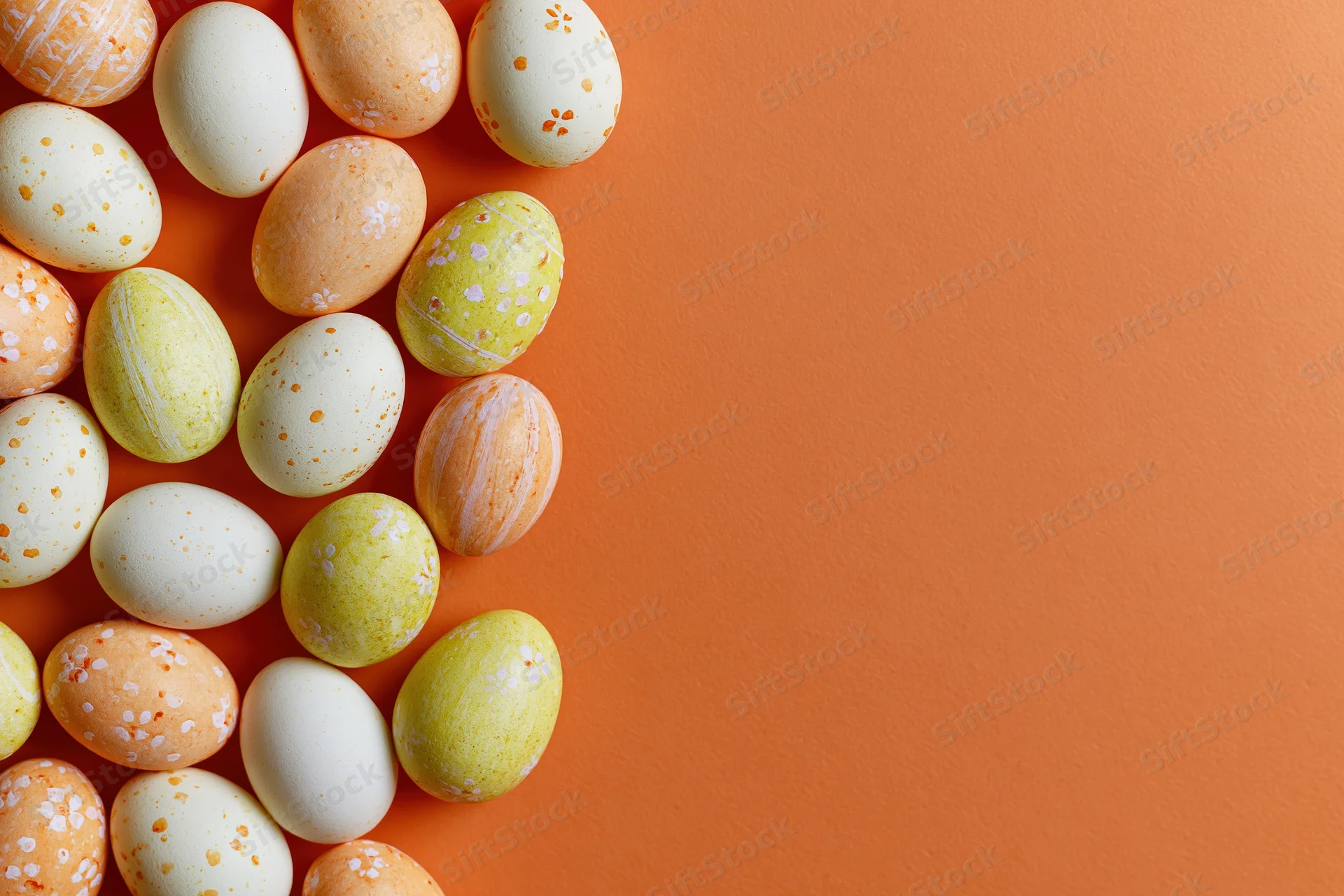 Decorated easter eggs arranged in a loose vertical cluster on orange background with copyspace