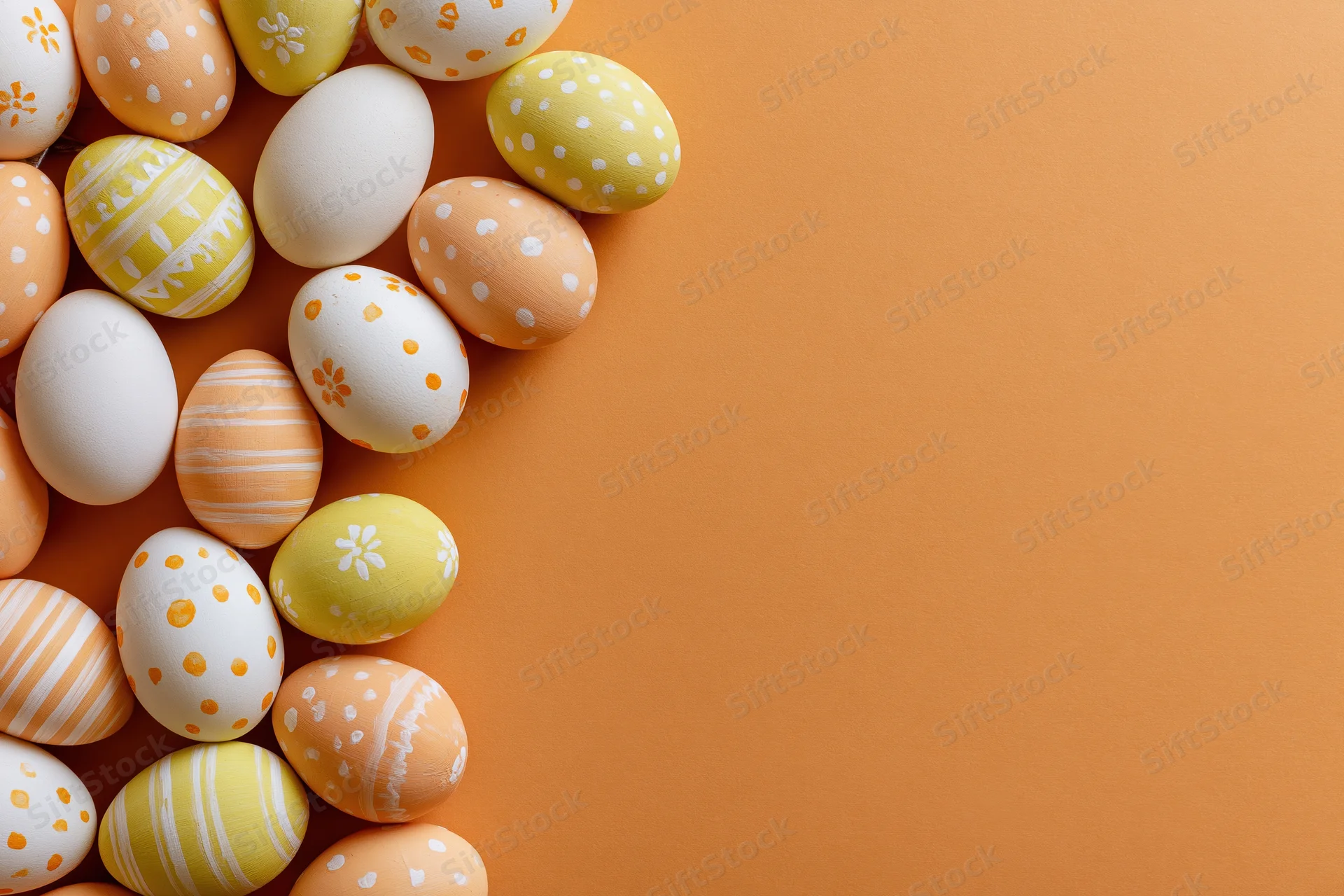 Decorated easter eggs arranged in a loose vertical cluster along the left side of an orange background with copyspace on the right