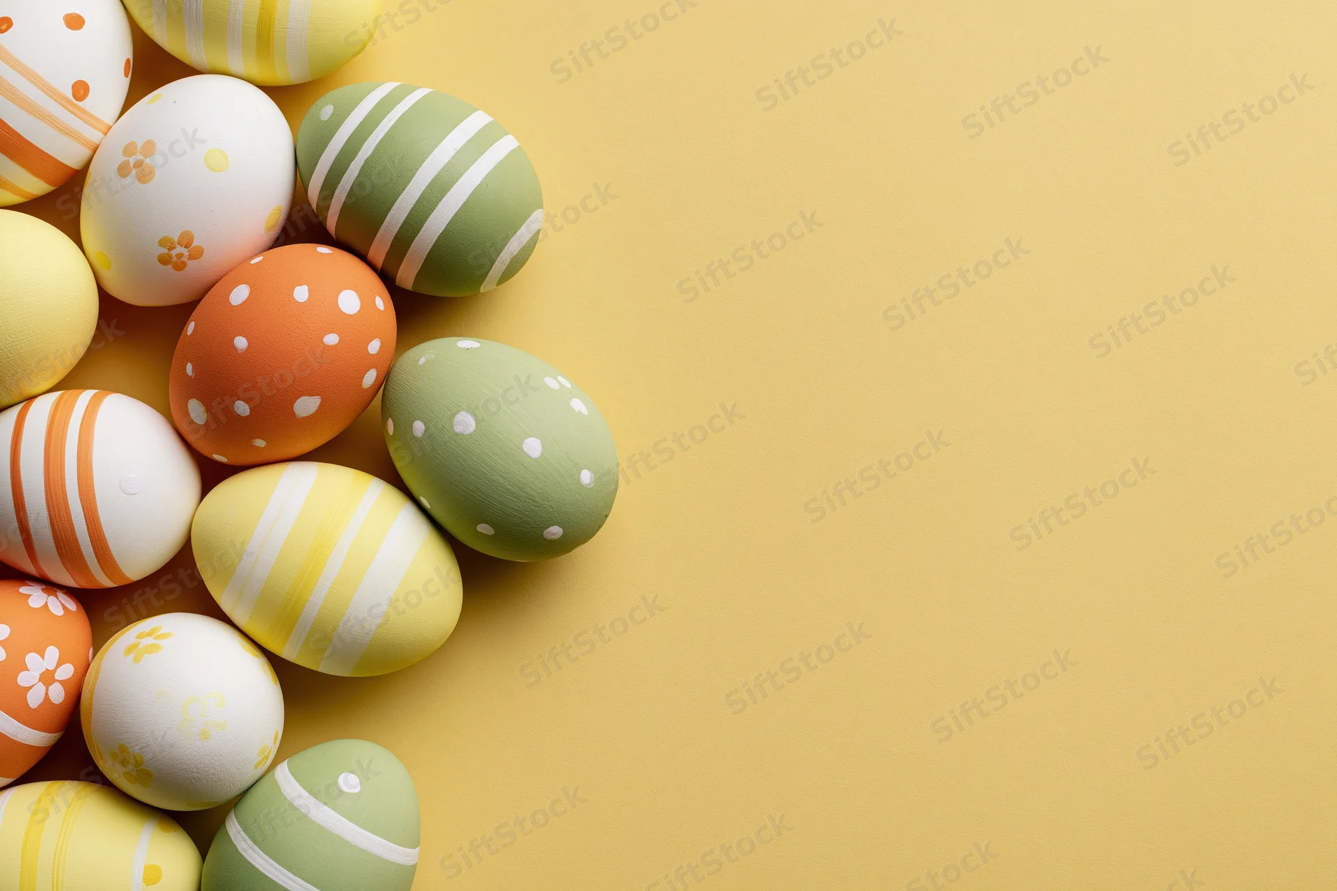 Decorated easter eggs clustered along the left edge of a flat yellow surface with copyspace