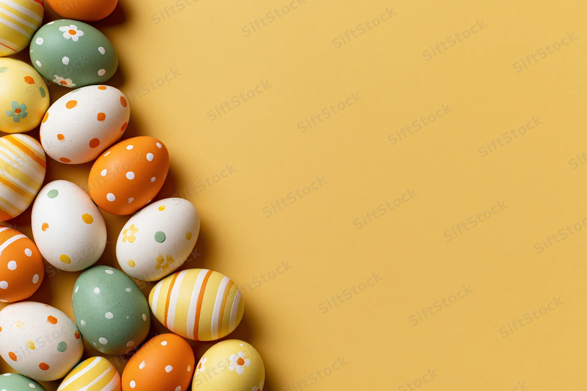 Decorated easter eggs arranged along left edge on yellow background
