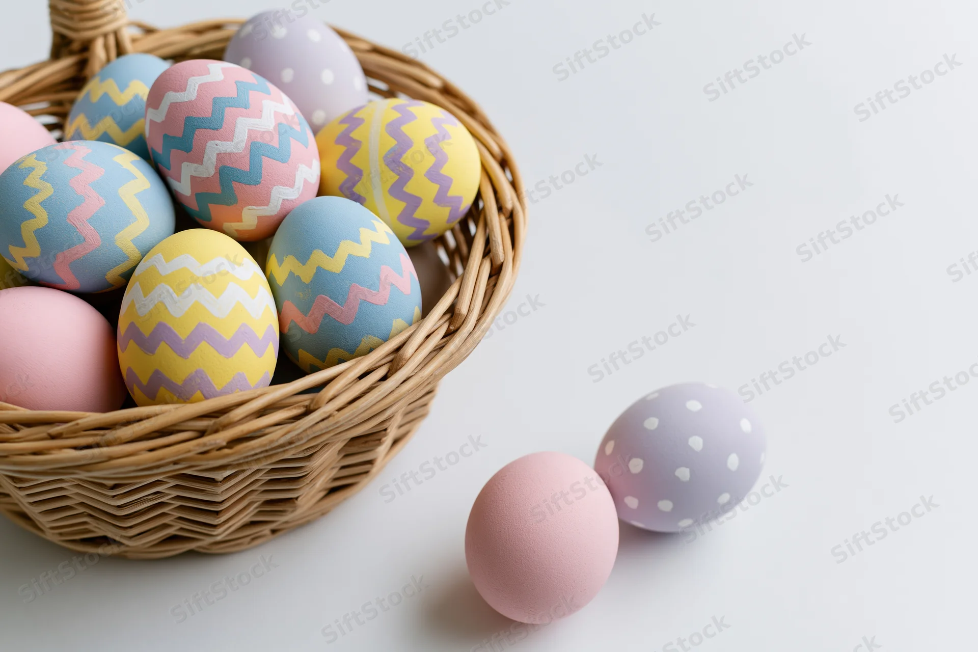 Decorated easter eggs in a woven wicker basket with two loose eggs on a white surface