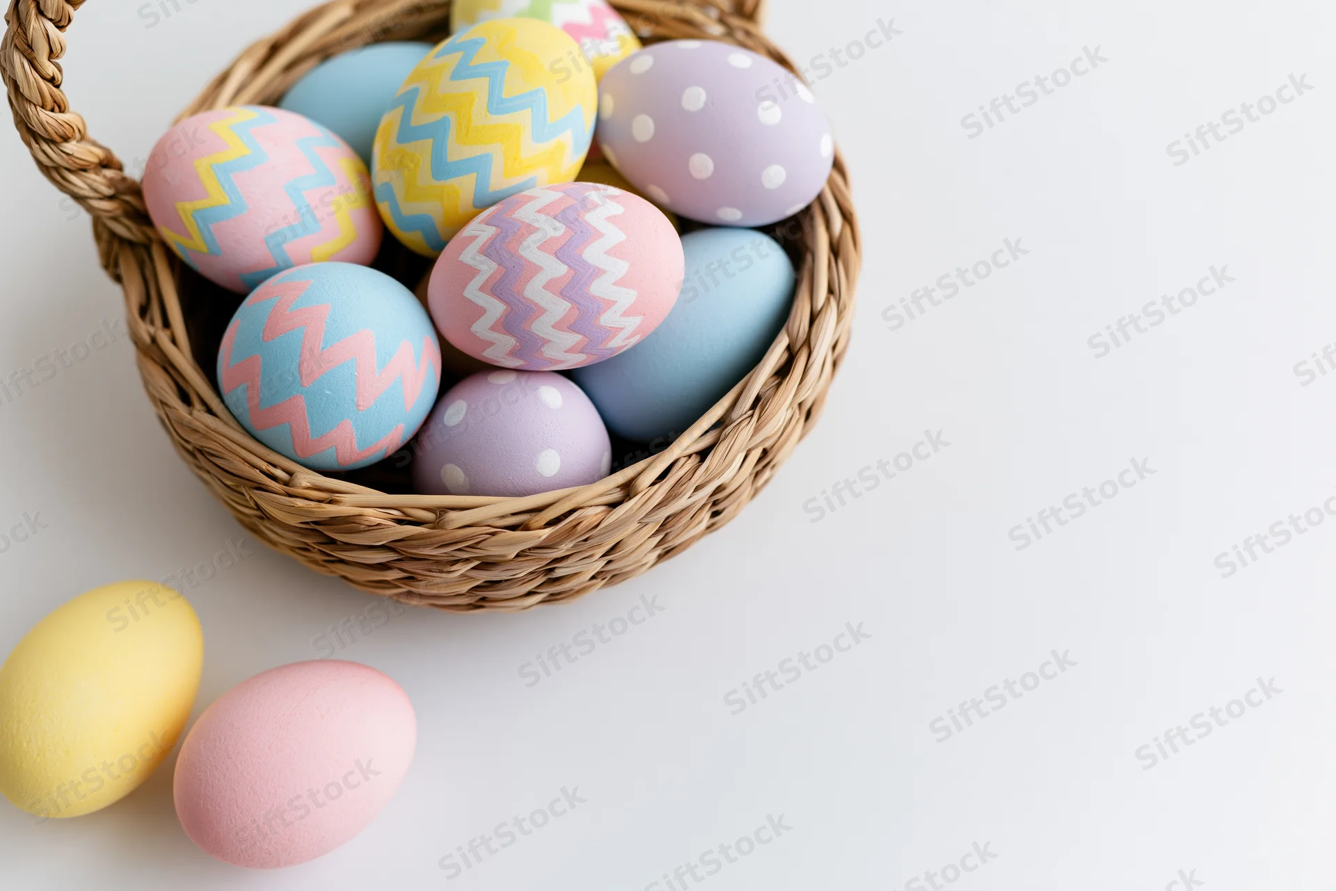 Decorated easter eggs in a woven wicker basket on white surface with copyspace