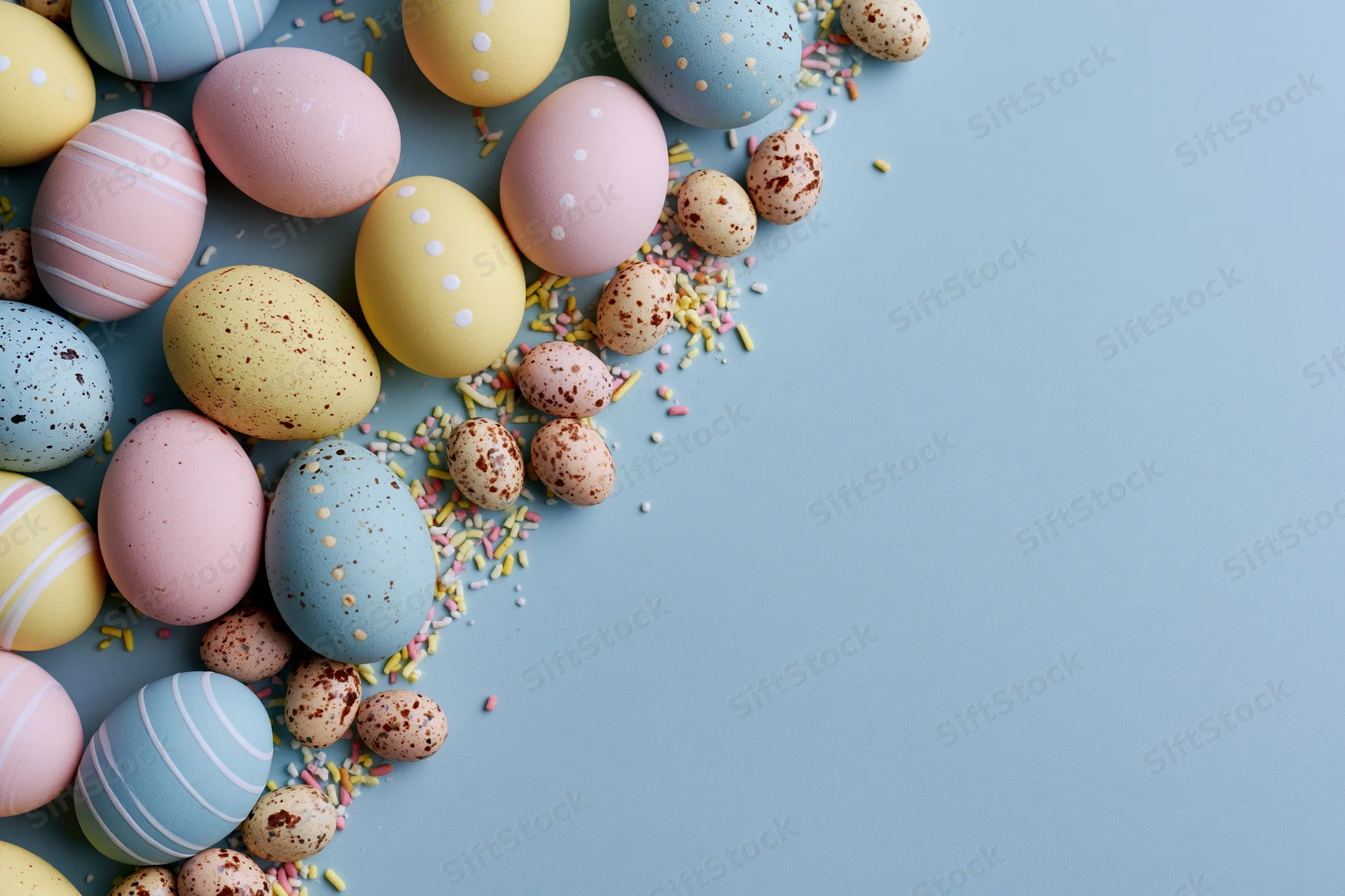 Decorated easter eggs in pastel colors scattered on a blue surface with copyspace