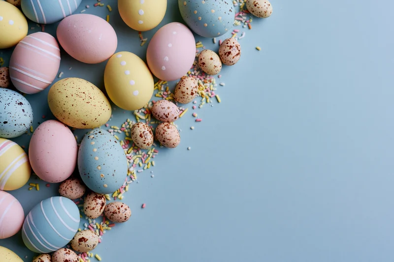 Decorated easter eggs in pastel colors scattered on a blue surface with copyspace