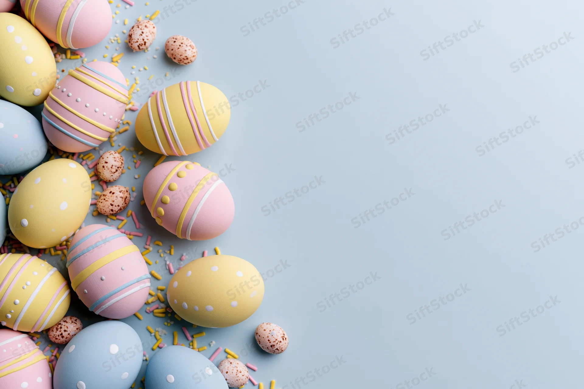 Decorated easter eggs in pastel colors scattered on a light blue surface with sprinkles and speckled eggs, creating a festive spring arrangement with copyspace