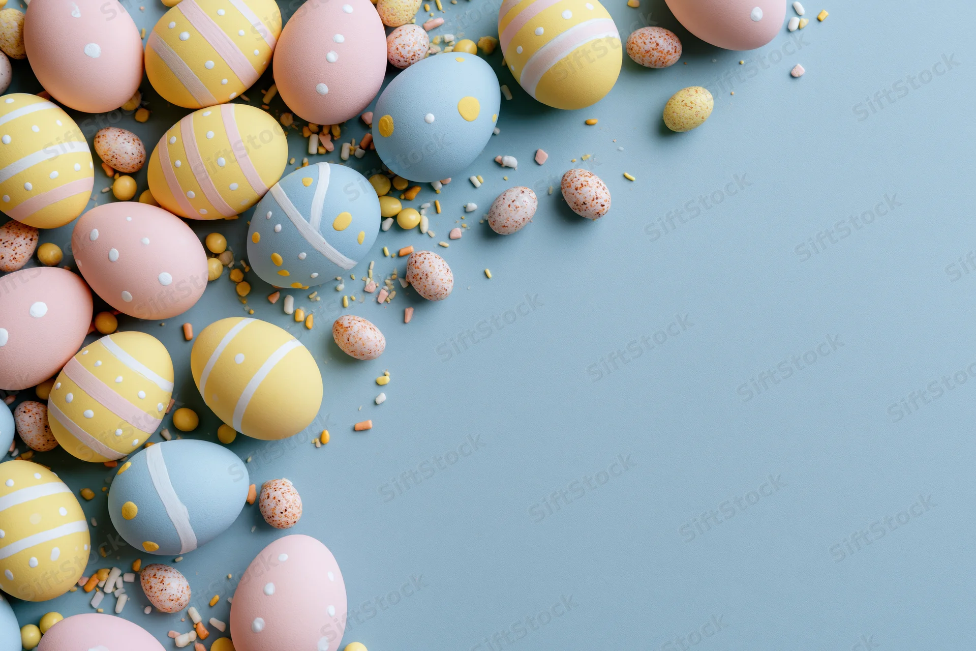 Decorated easter eggs in pastel pink yellow and blue scattered on a light blue surface with copyspace