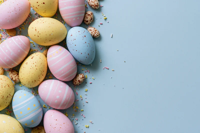 Decorated easter eggs in pastel colors scattered on a light blue surface with sprinkles and copyspace
