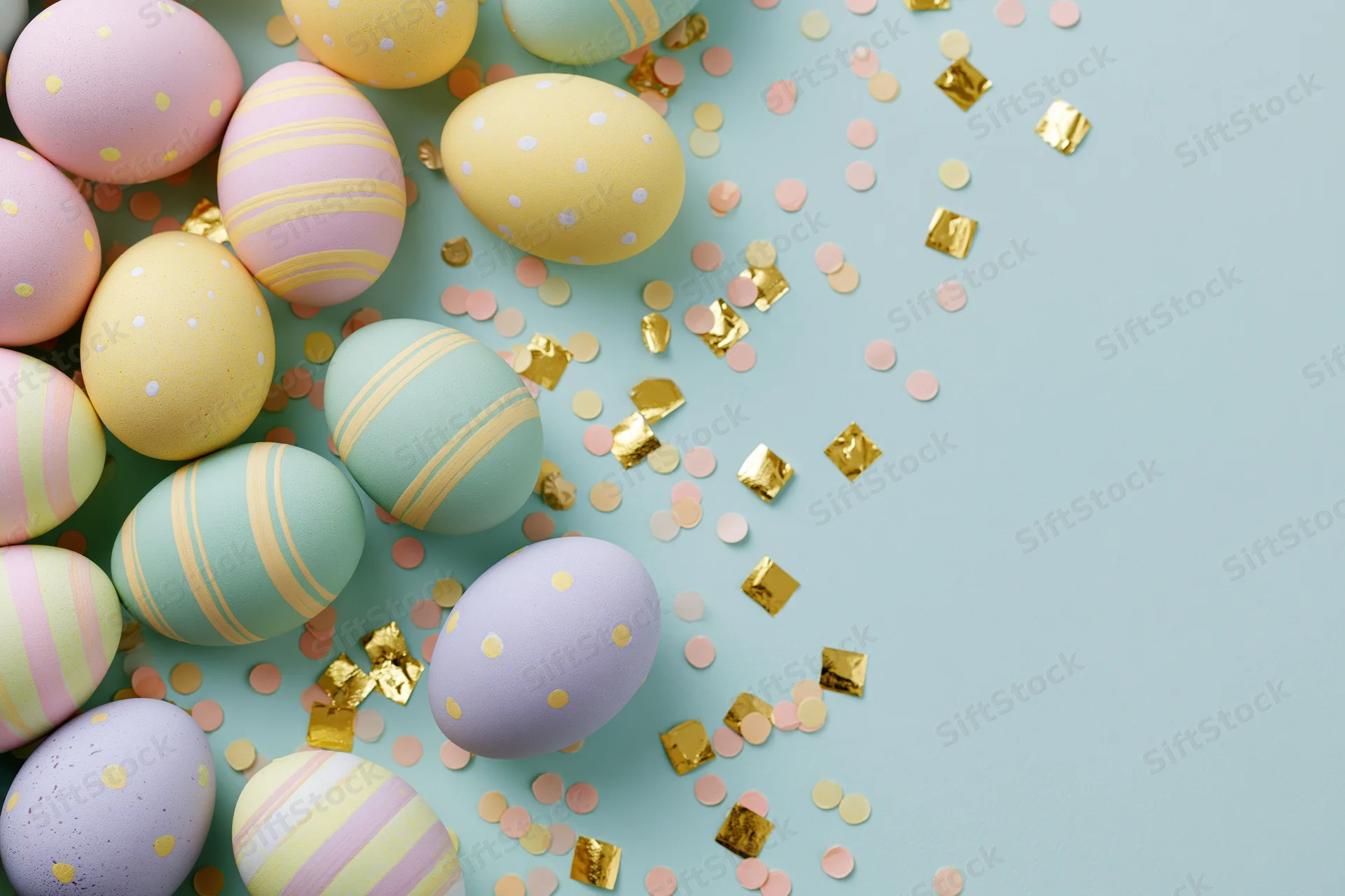 Decorated easter eggs in pastel colors arranged with gold and pink confetti on a light blue surface