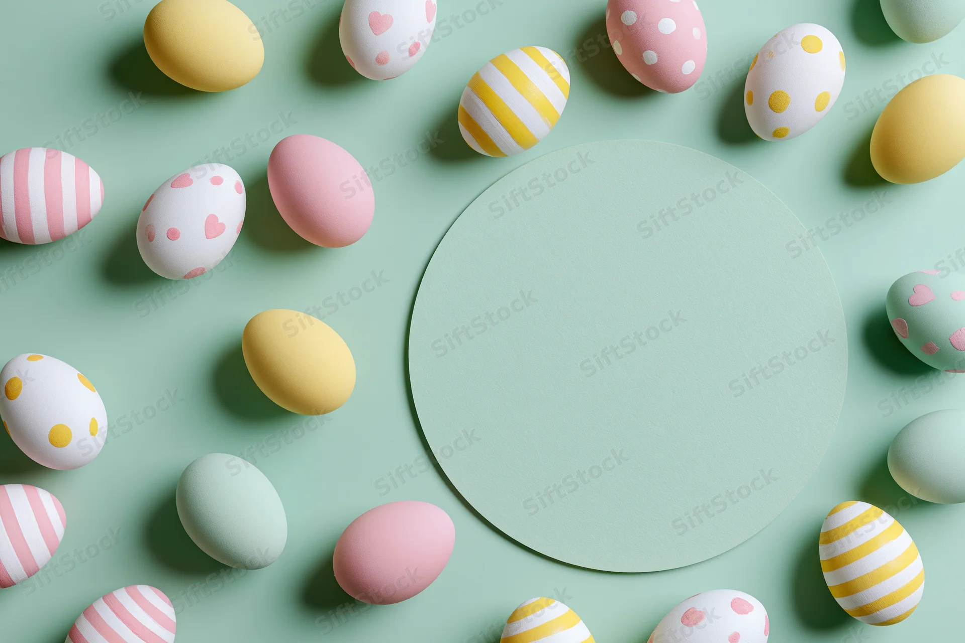 Decorated easter eggs in pastel colors arranged around a circular copyspace on mint background