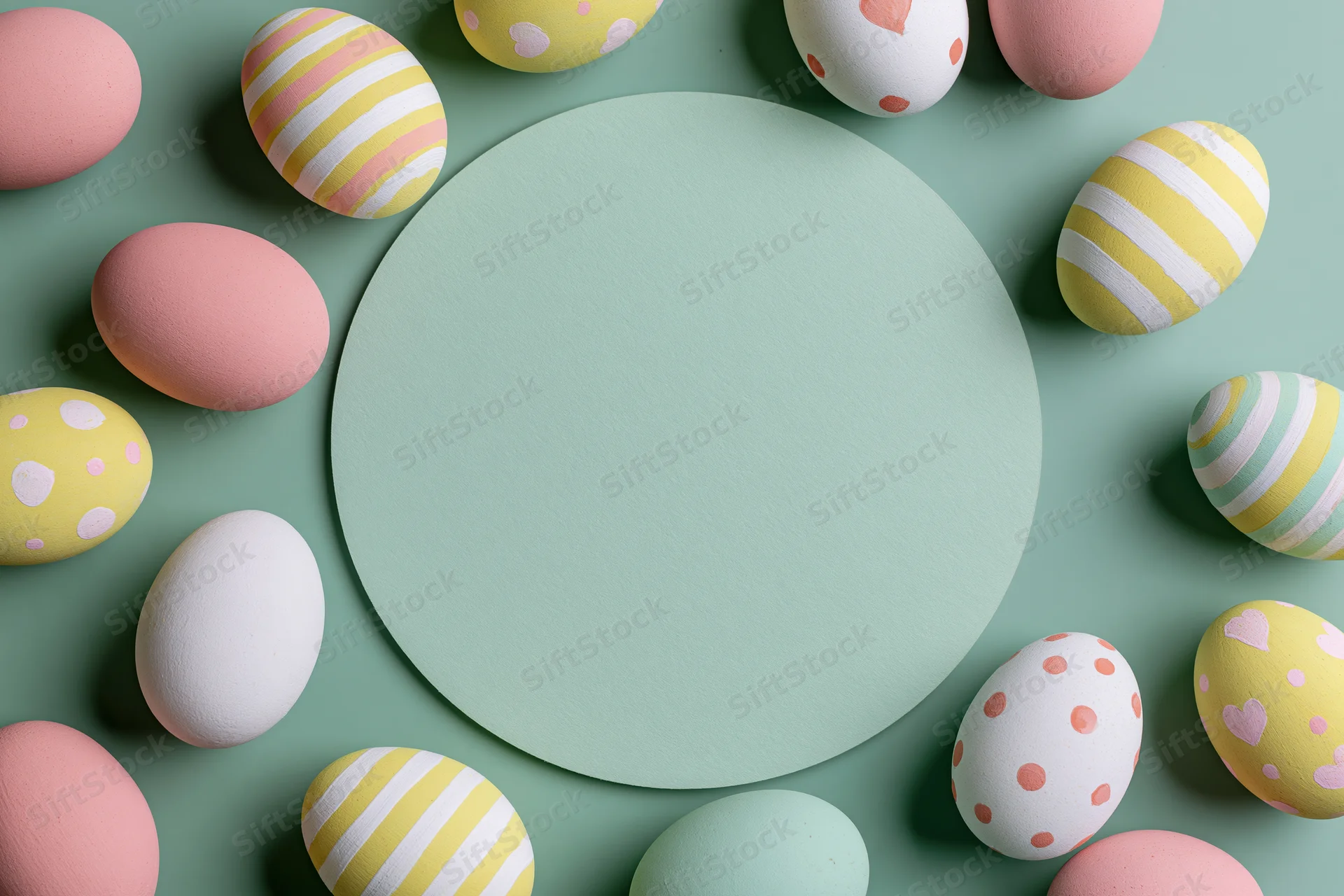 Decorated easter eggs in pastel colors arranged in a circular frame around a central copyspace on a mint background