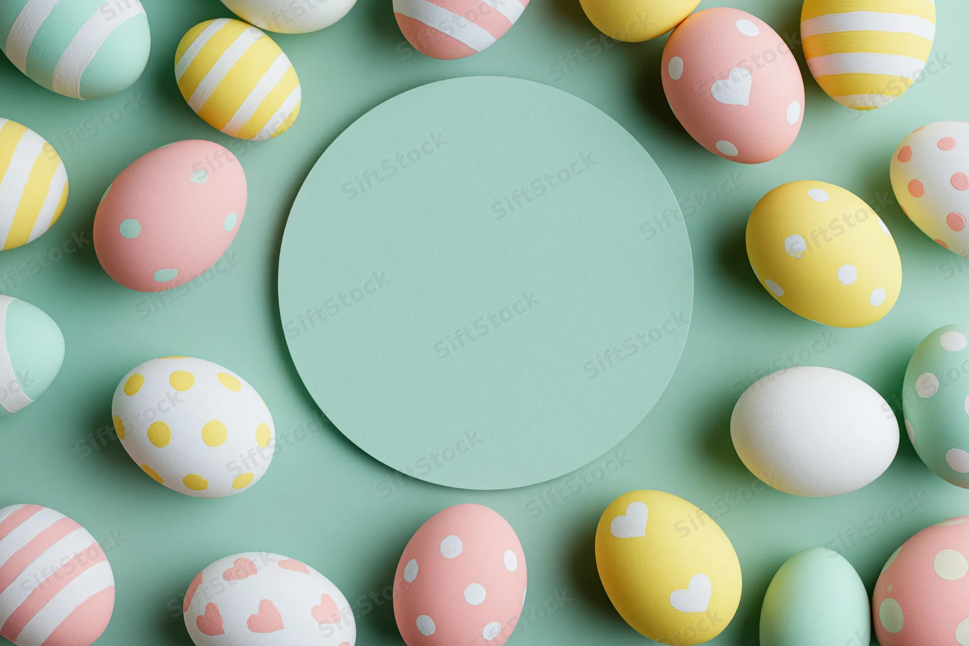 Decorated easter eggs in pastel colors arranged in a circular frame around a central copyspace on a mint background