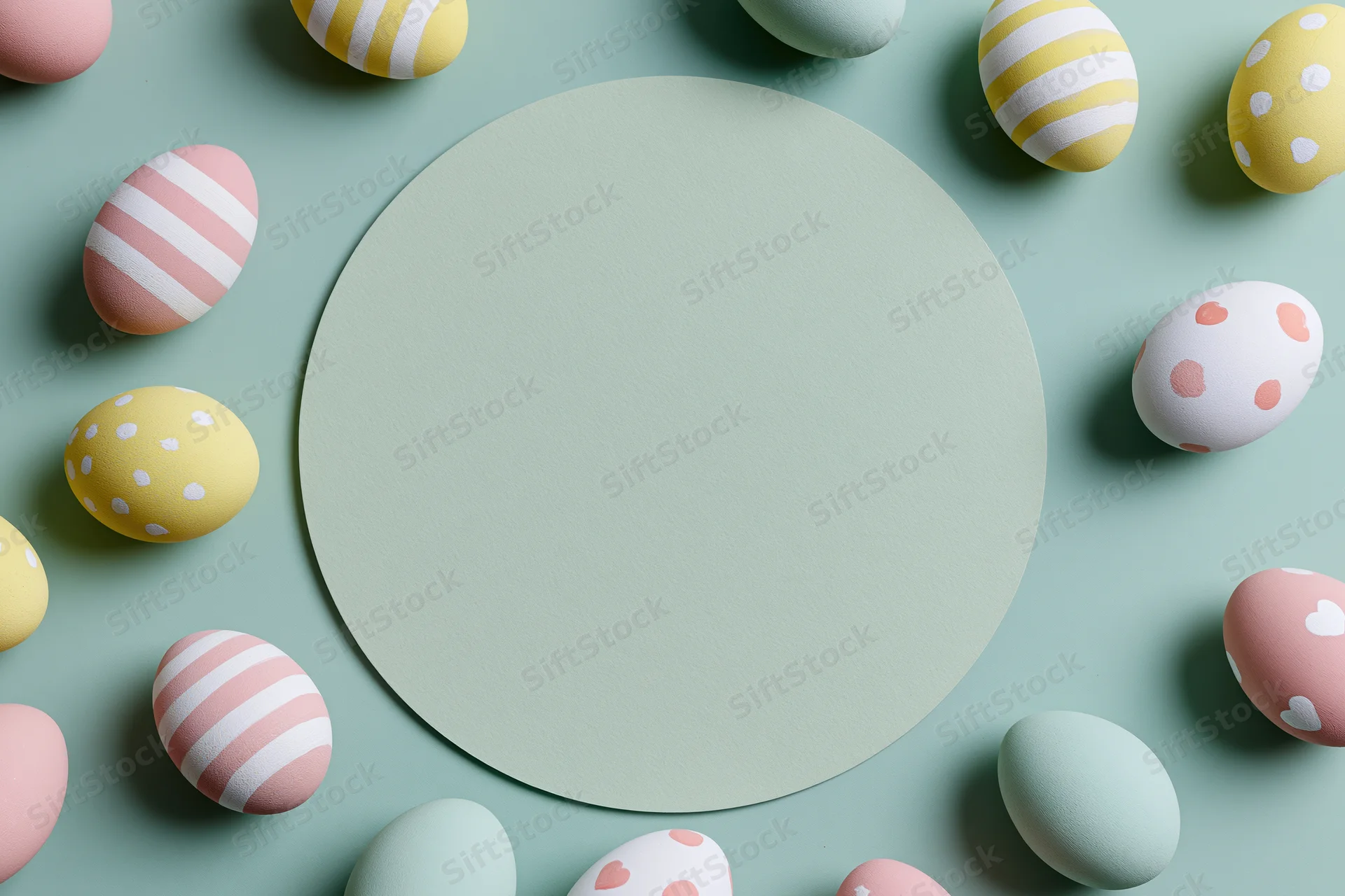 Decorated easter eggs in pastel colors arranged in a circular border around a central copyspace on a mint background