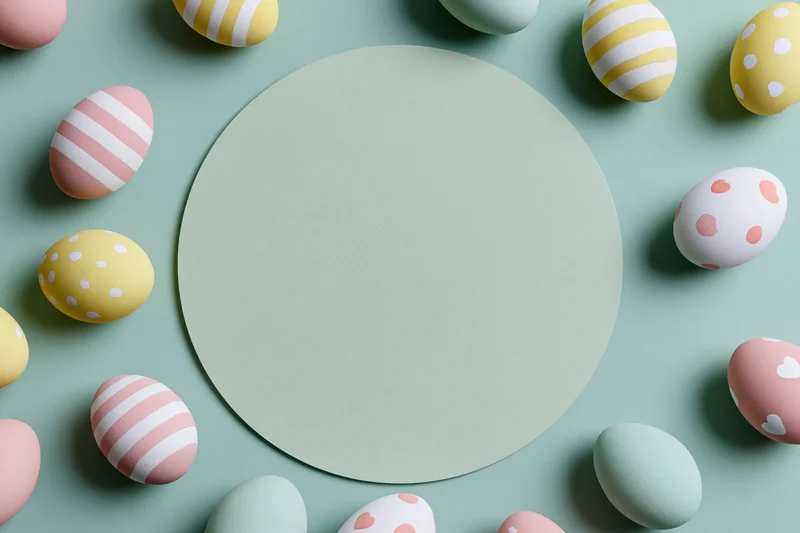 Decorated easter eggs in pastel colors arranged in a circular border around a central copyspace on a mint background